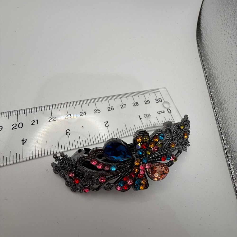 Multicolor Rhinestone Floral Barrette Large Jeweled Hair Clip Gunmetal 4" - Picture 5 of 9